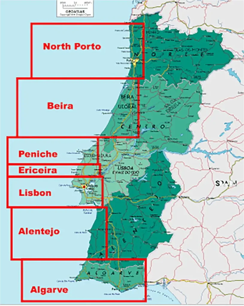Carte des régions de surf au Portugal