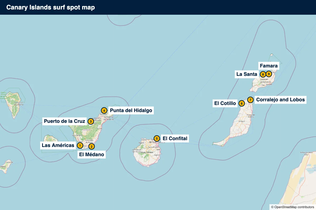 Canary Islands surf spot map: Las Américas, El Médano, Puerto de la Cruz, Punta del Hidalgo (Tenerife), El Confital (Gran Canaria), El Cotillo, Corralejo and Lobos (Fuerteventura), La Santa, Famara (Lanzarote)