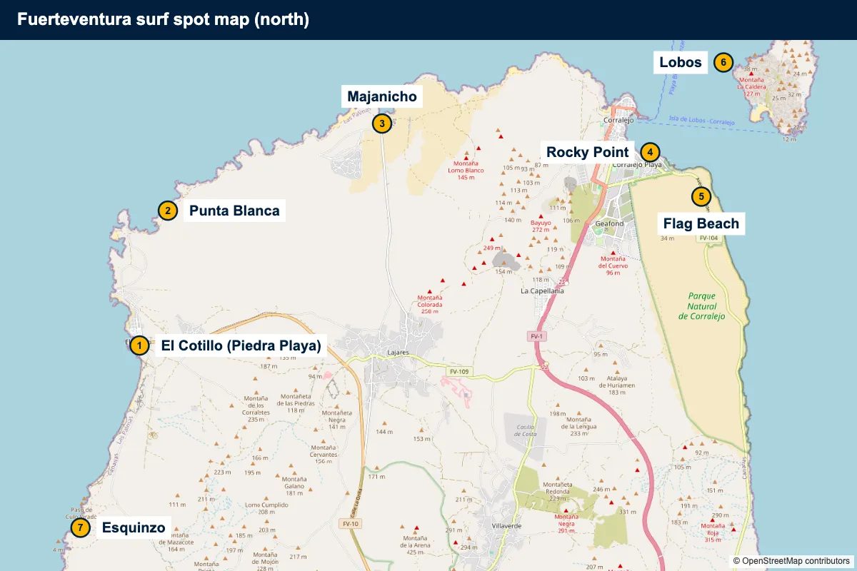 North Fuerteventura surf spot map: El Cotillo (Piedra Playa), Punta Blanca, Majanicho, Rocky Point, Flag Beach, Lobos, Esquinzo