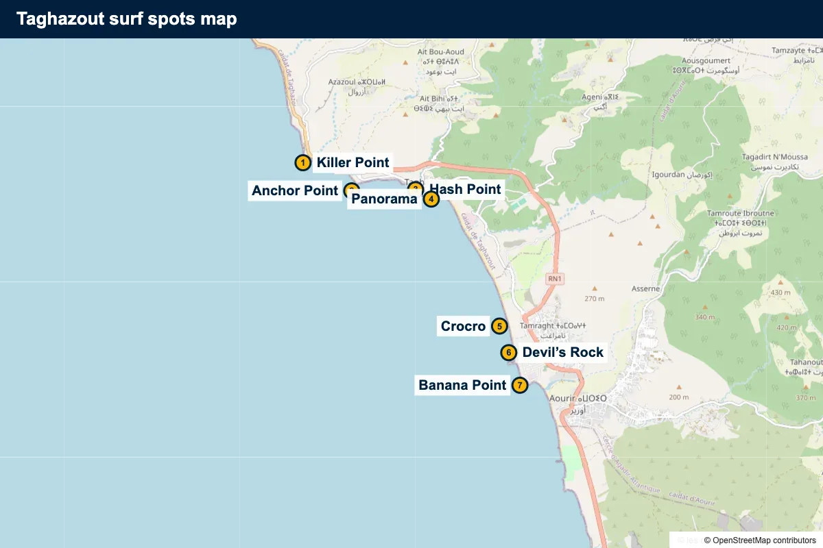 Taghazout surf spots map